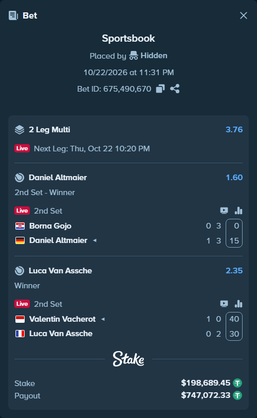 Bet slip: Borna Gojo - Daniel Altmaier, $198,888.14 stake at 1.60 odds, placed by Hidden