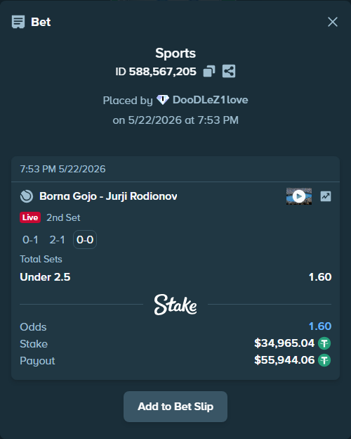 Bet slip: Borna Gojo - Jurji Rodionov, $35,000.00 stake at 1.60 odds, placed by DooDLeZ1love