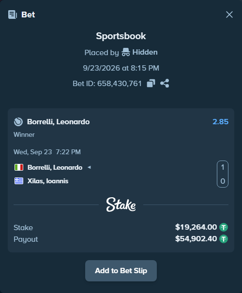 Bet slip: Borrelli, Leonardo - Xilas, Ioannis, $19,264.00 stake at 2.85 odds, placed by Hidden