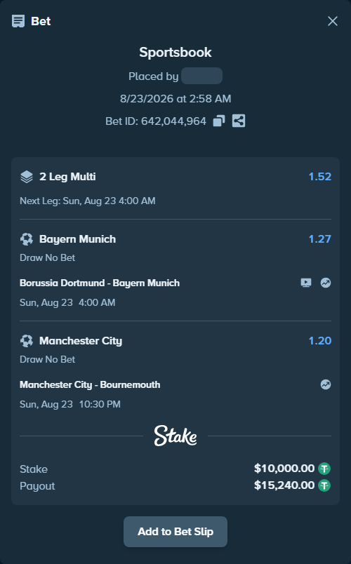 Bet slip: Borussia Dortmund - Bayern Munich, $10,000.00 stake at 1.27 odds, placed by rasulovm