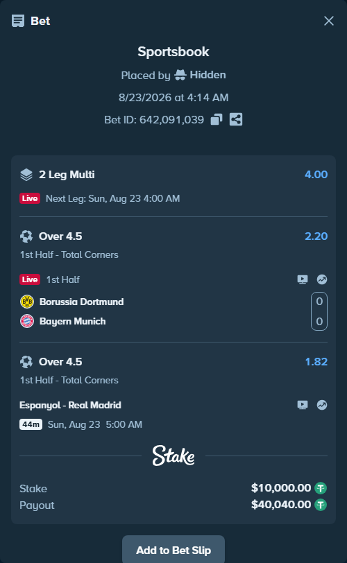 Bet slip: Borussia Dortmund - Bayern Munich, $10,000.00 stake at 2.20 odds, placed by Hidden