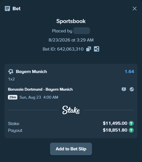 Bet slip: Borussia Dortmund - Bayern Munich, $11,495.00 stake at 1.64 odds, placed by RymdBwnsbx