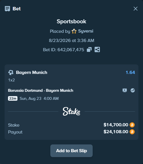Bet slip: Borussia Dortmund - Bayern Munich, $14,696.43 stake at 1.64 odds, placed by Syversi