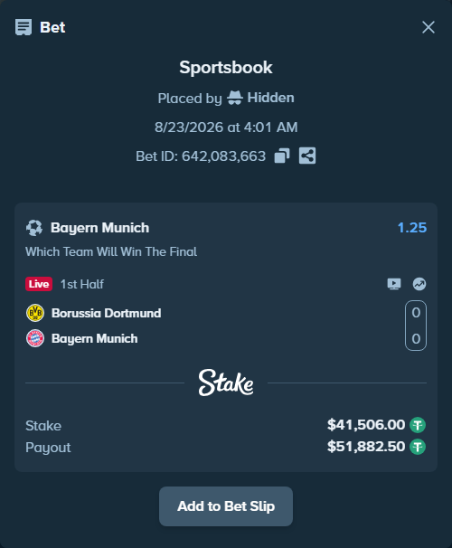 Bet slip: Borussia Dortmund - Bayern Munich, $41,506.00 stake at 1.25 odds, placed by Hidden