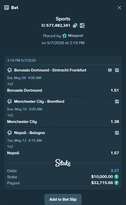 Bet slip: Borussia Dortmund - Eintracht Frankfurt, $10,000.00 stake at 1.51 odds, placed by Maxprof