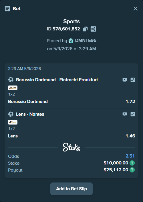 Bet slip: Borussia Dortmund - Eintracht Frankfurt, $10,000.00 stake at 1.72 odds, placed by DMNTE96