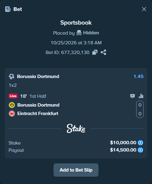 Bet slip: Borussia Dortmund - Eintracht Frankfurt, $10,000.00 stake at 1.45 odds, placed by mathiasjuel