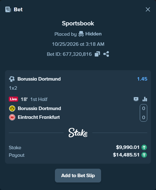 Bet slip: Borussia Dortmund - Eintracht Frankfurt, $10,000.00 stake at 1.45 odds, placed by ChelseaPadel