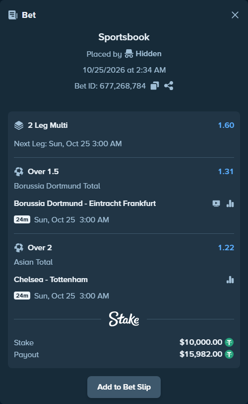 Bet slip: Borussia Dortmund - Eintracht Frankfurt, $10,010.00 stake at 1.31 odds, placed by Hidden