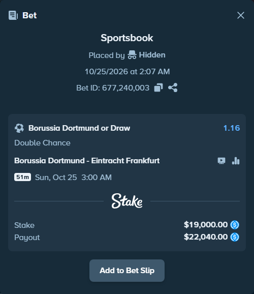 Bet slip: Borussia Dortmund - Eintracht Frankfurt, $19,000.00 stake at 1.16 odds, placed by Lefzinatoren