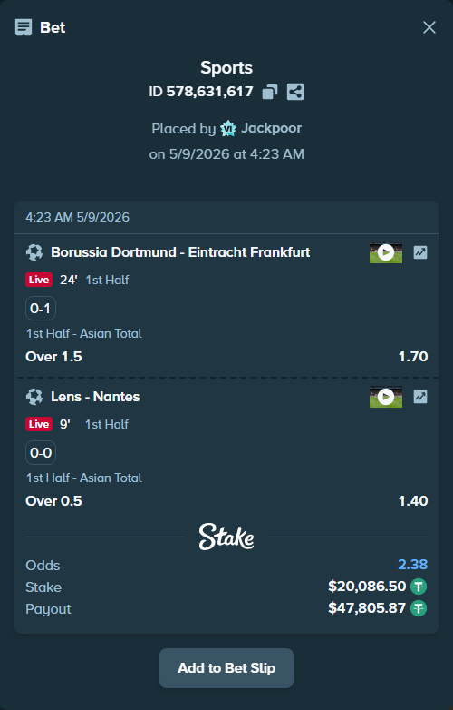 Bet slip: Borussia Dortmund - Eintracht Frankfurt, $20,086.50 stake at 1.70 odds, placed by Jackpoor