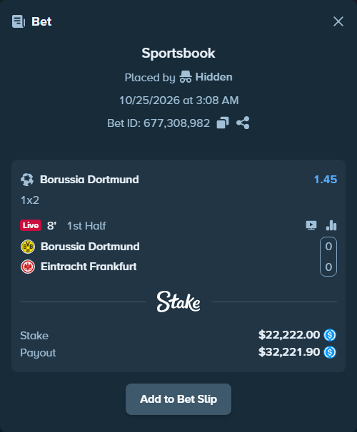 Bet slip: Borussia Dortmund - Eintracht Frankfurt, $22,222.00 stake at 1.45 odds, placed by Neberay