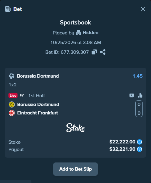 Bet slip: Borussia Dortmund - Eintracht Frankfurt, $22,222.00 stake at 1.45 odds, placed by Neberay