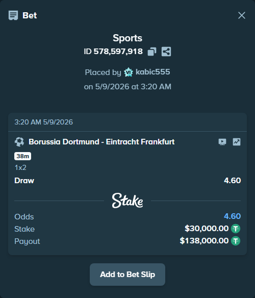 Bet slip: Borussia Dortmund - Eintracht Frankfurt, $30,000.00 stake at 4.60 odds, placed by kabic555