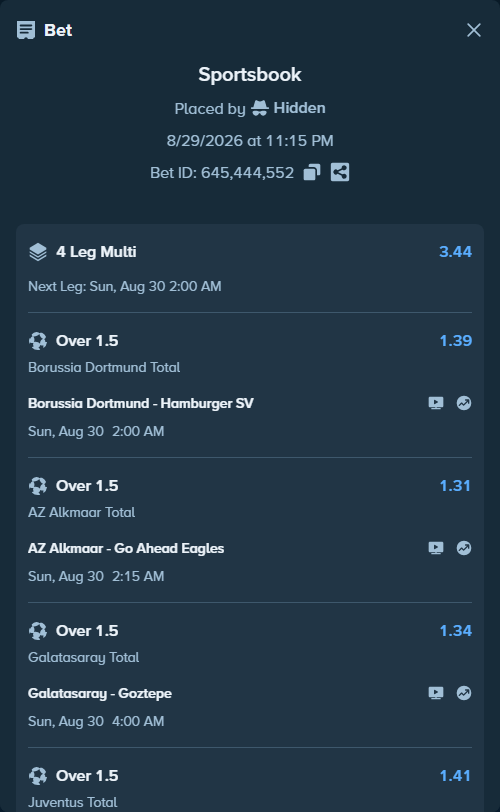 Bet slip: Borussia Dortmund - Hamburger SV, $10,000.00 stake at 1.39 odds, placed by Hidden