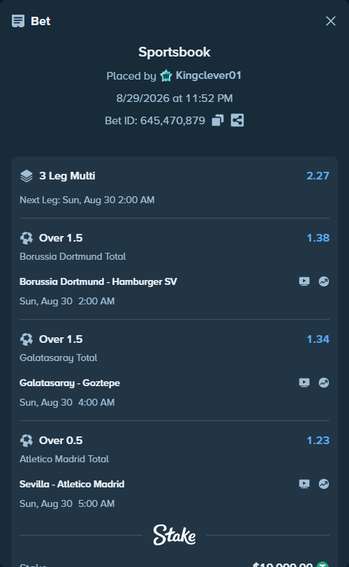 Bet slip: Borussia Dortmund - Hamburger SV, $10,000.00 stake at 1.38 odds, placed by Kingclever01