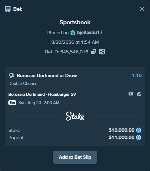 Bet slip: Borussia Dortmund - Hamburger SV, $10,000.00 stake at 1.10 odds, placed by bjellesau17