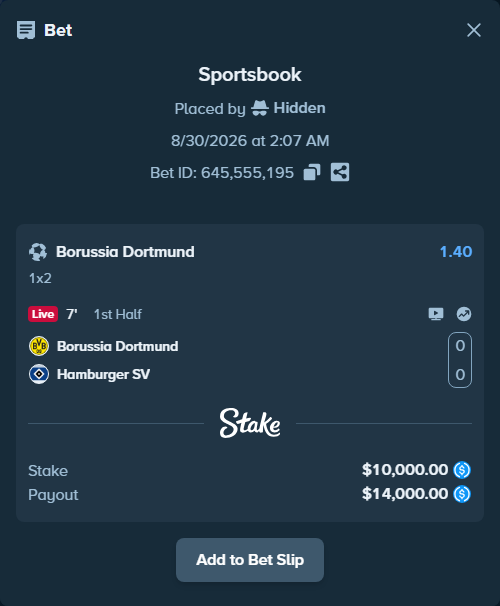 Bet slip: Borussia Dortmund - Hamburger SV, $10,000.00 stake at 1.40 odds, placed by Hidden