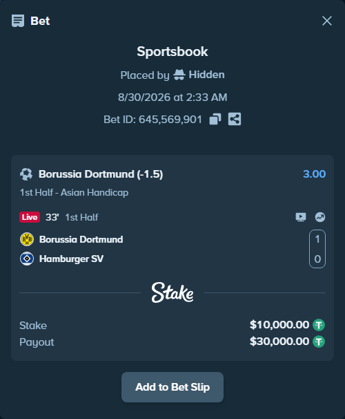 Bet slip: Borussia Dortmund - Hamburger SV, $10,000.00 stake at 3.00 odds, placed by Hidden