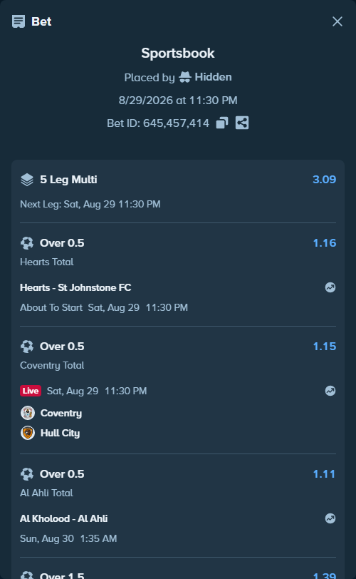 Bet slip: Borussia Dortmund - Hamburger SV, $10,717.35 stake at 1.39 odds, placed by Hidden