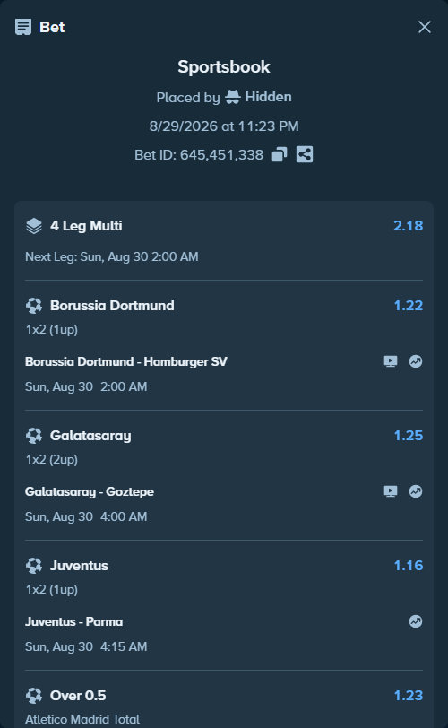 Bet slip: Borussia Dortmund - Hamburger SV, $10,788.01 stake at 1.22 odds, placed by Hidden