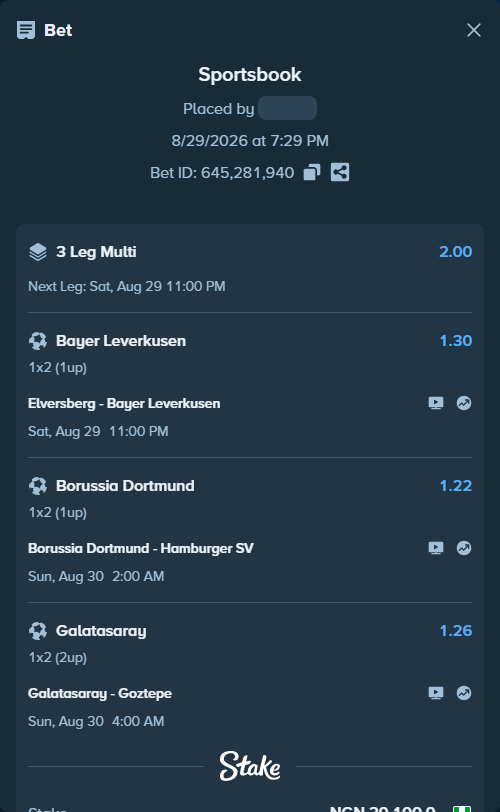 Bet slip: Borussia Dortmund - Hamburger SV, $12,060.00 stake at 1.22 odds, placed by Lordadmin