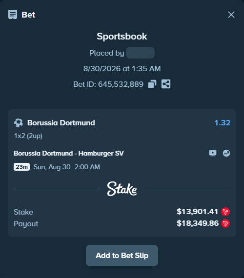Bet slip: Borussia Dortmund - Hamburger SV, $14,009.60 stake at 1.32 odds, placed by LeonJ533