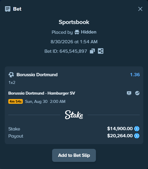 Bet slip: Borussia Dortmund - Hamburger SV, $14,900.00 stake at 1.36 odds, placed by Hidden