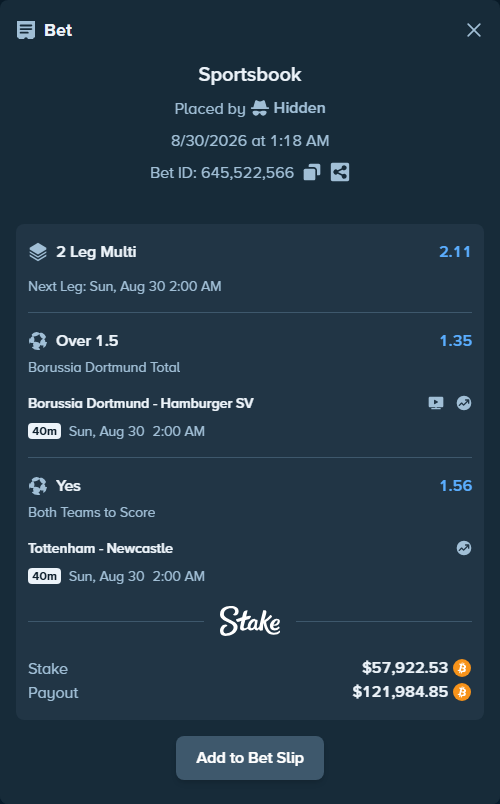 Bet slip: Borussia Dortmund - Hamburger SV, $58,183.12 stake at 1.35 odds, placed by Hidden