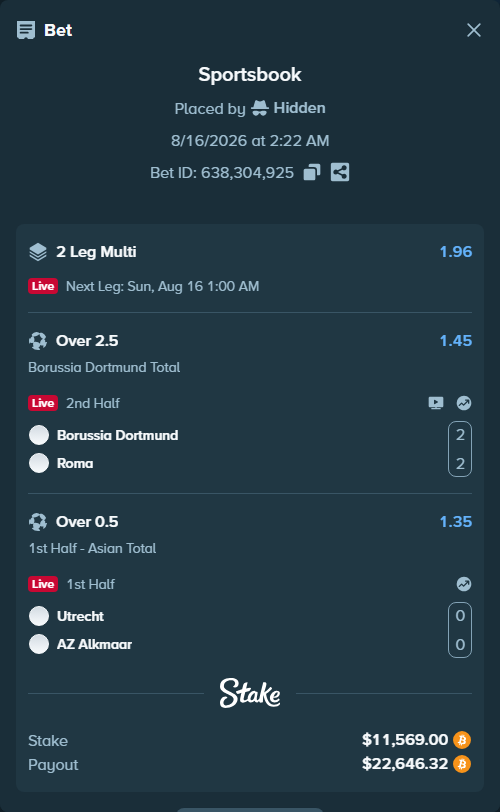 Bet slip: Borussia Dortmund - Roma, $11,567.90 stake at 1.45 odds, placed by Hidden
