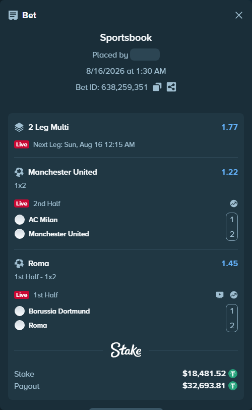 Bet slip: Borussia Dortmund - Roma, $18,500.00 stake at 1.45 odds, placed by Jephthah2