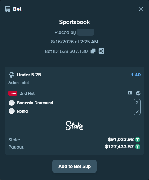 Bet slip: Borussia Dortmund - Roma, $91,115.00 stake at 1.40 odds, placed by ayoflasher