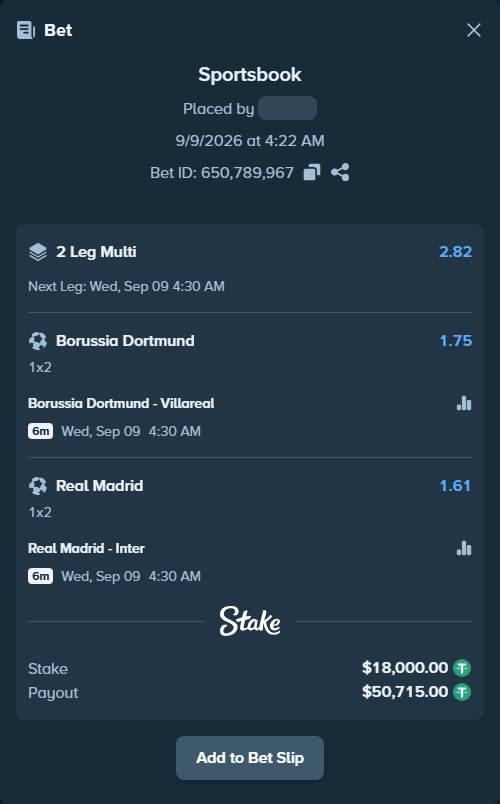 Bet slip: Borussia Dortmund - Villareal, $18,000.00 stake at 1.75 odds, placed by KOHINUR7474