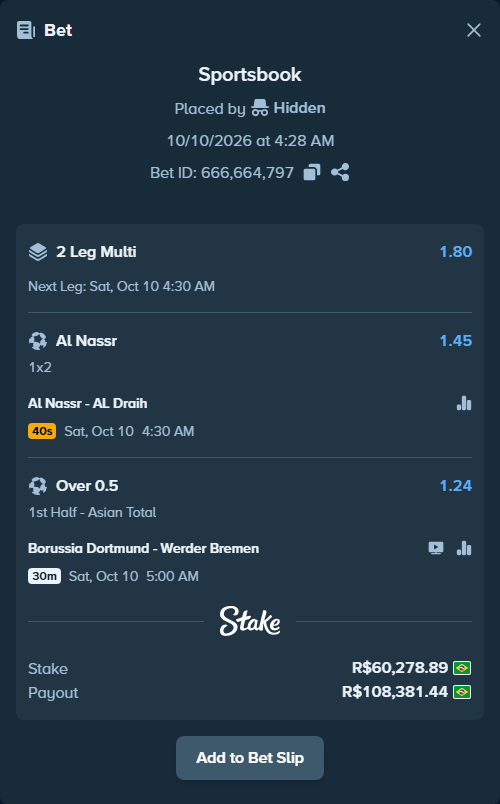 Bet slip: Borussia Dortmund - Werder Bremen, $12,055.78 stake at 1.24 odds, placed by DOUGLASR19