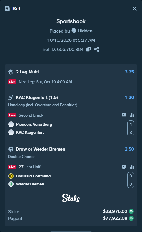 Bet slip: Borussia Dortmund - Werder Bremen, $24,000.00 stake at 2.50 odds, placed by Hidden