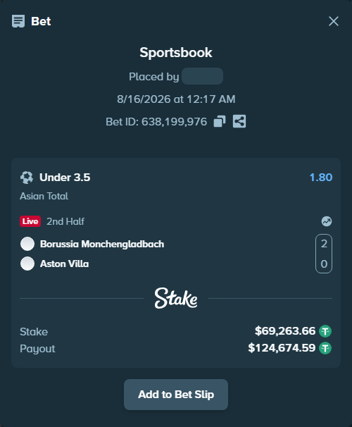Bet slip: Borussia Monchengladbach - Aston Villa, $69,332.92 stake at 1.80 odds, placed by ayoflasher