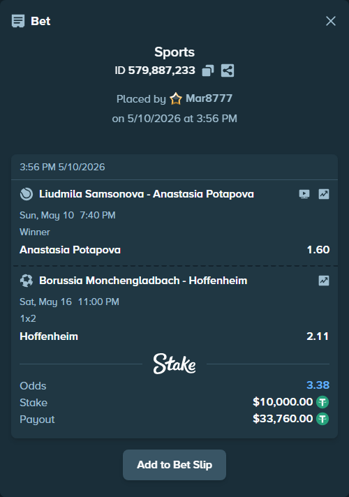 Bet slip: Borussia Monchengladbach - Hoffenheim, $10,000.00 stake at 2.11 odds, placed by Mar8777