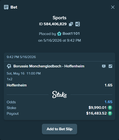 Bet slip: Borussia Monchengladbach - Hoffenheim, $10,000.00 stake at 1.65 odds, placed by Boat1101