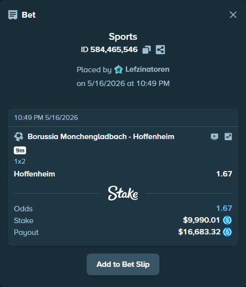 Bet slip: Borussia Monchengladbach - Hoffenheim, $10,000.00 stake at 1.67 odds, placed by Lefzinatoren