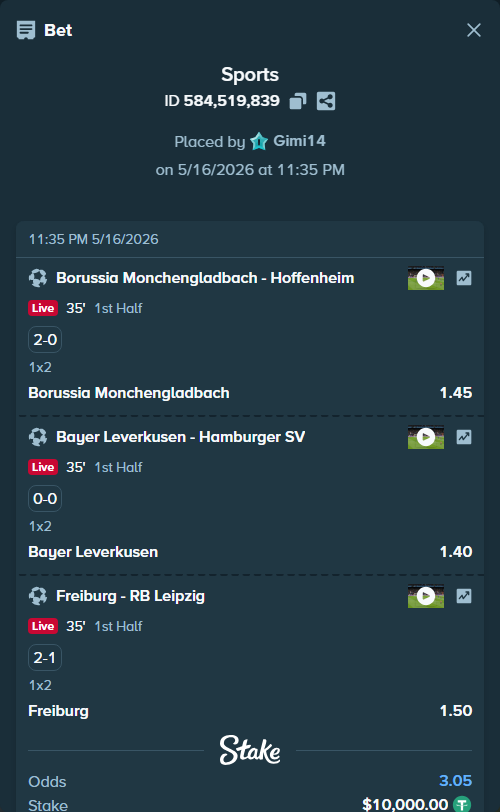 Bet slip: Borussia Monchengladbach - Hoffenheim, $10,000.00 stake at 1.45 odds, placed by Gimi14
