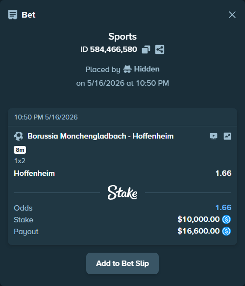 Bet slip: Borussia Monchengladbach - Hoffenheim, $10,010.00 stake at 1.66 odds, placed by Hidden
