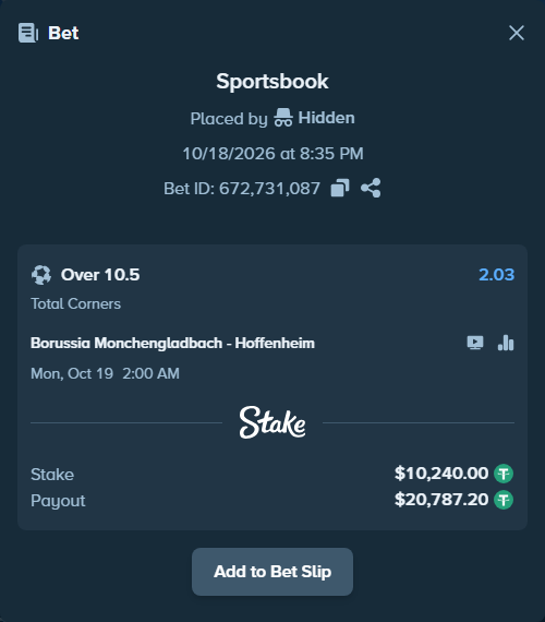 Bet slip: Borussia Monchengladbach - Hoffenheim, $10,250.24 stake at 2.03 odds, placed by rajlev