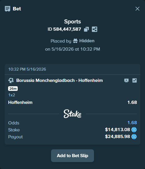 Bet slip: Borussia Monchengladbach - Hoffenheim, $14,813.08 stake at 1.68 odds, placed by Hidden