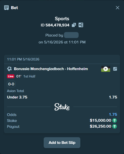 Bet slip: Borussia Monchengladbach - Hoffenheim, $15,000.00 stake at 1.75 odds, placed by Thanoscape