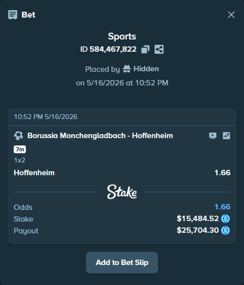 Bet slip: Borussia Monchengladbach - Hoffenheim, $15,500.00 stake at 1.66 odds, placed by Hidden