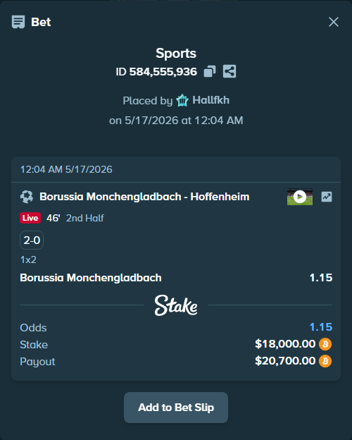 Bet slip: Borussia Monchengladbach - Hoffenheim, $14,834.90 stake at 1.15 odds, placed by Hallfkh