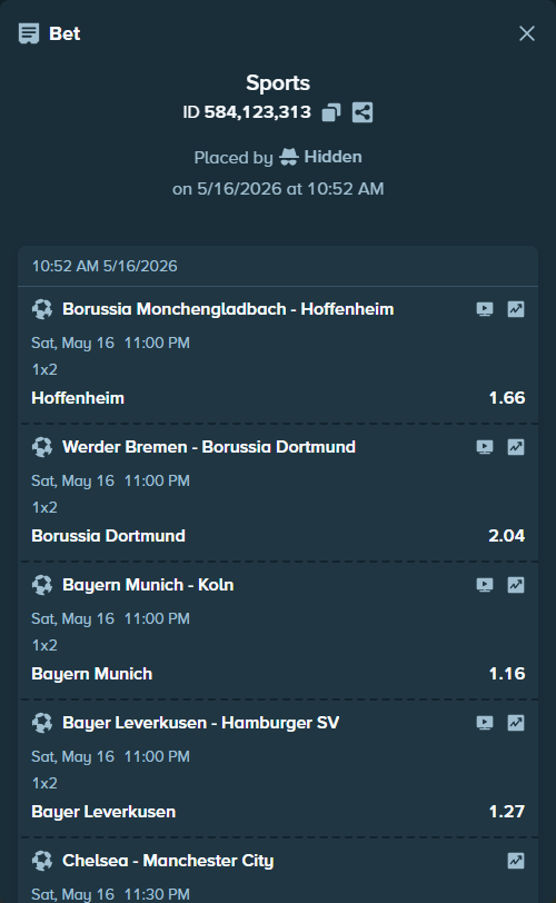 Bet slip: Borussia Monchengladbach - Hoffenheim, $25,000.00 stake at 1.66 odds, placed by Hidden