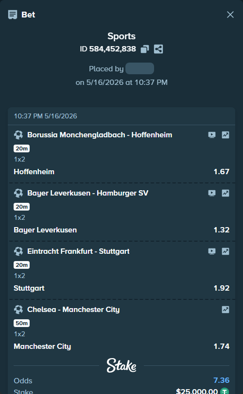 Bet slip: Borussia Monchengladbach - Hoffenheim, $25,000.00 stake at 1.67 odds, placed by ashaark