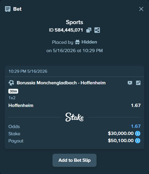 Bet slip: Borussia Monchengladbach - Hoffenheim, $30,000.00 stake at 1.67 odds, placed by Hidden