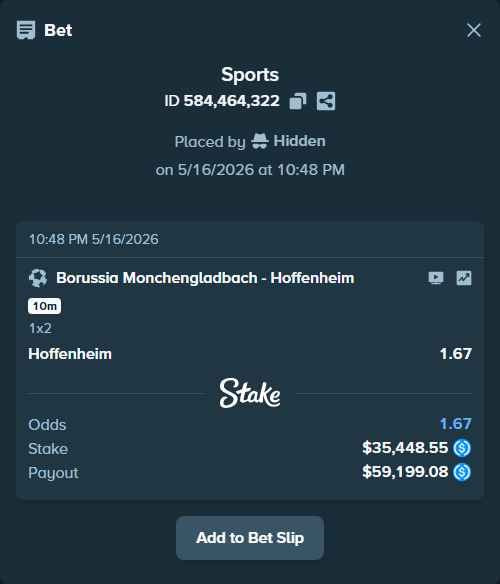Bet slip: Borussia Monchengladbach - Hoffenheim, $35,484.00 stake at 1.67 odds, placed by Hidden